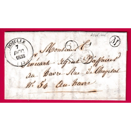 CAD TYPE 14 DOZULE CALVADOS 1853 BOITE RURALE M DOUVILLE POUR LE HAVRE SEINE INFERIEURE LETTRE