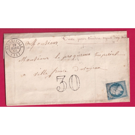 N°14 DECAZEVILLE AVEYRON PAXE TAMPON 30 TAXE TIMBRE AYANT DEJA SERVI POUR VILLEFRANCHE LETTRE