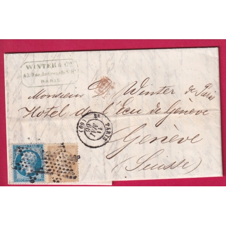 N°21 22 PARIS ETOILE PLEINE BUREAU CENTRAL POUR GENEVE SUISSE 1866 LETTRE