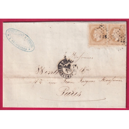 N°28 X2 AMBULANT STRABOURG A PARIS LOSANGE STP 1° RARE DE NUIT 1869 LETTRE