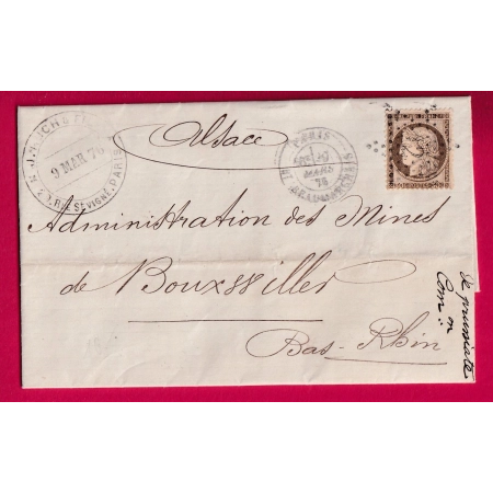 N°56 PARIS ETOILE 12 BT BEAUMARCHAIS POUR BOUXWILLER BAS RHIN ALSACE LORRAINE ALLEMAGNE 1876 LETTRE