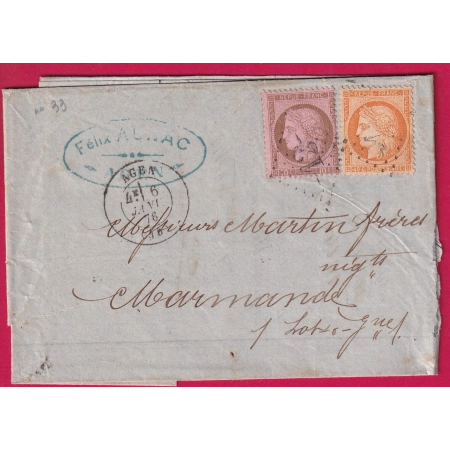 N°54 38 GC 12 AGEN LOT ET GARONNE 6 JANVIER 1876 POUR MARMANDE LETTRE