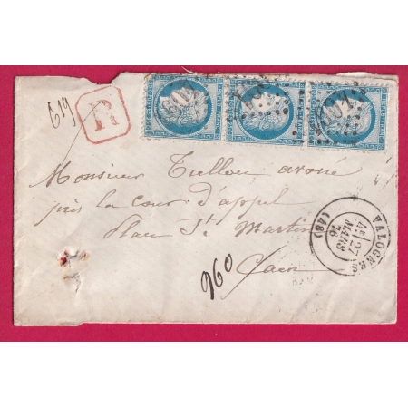 N°60 BANDE DE 3 GC 4901 VALOGNES MANCHE POUR CAEN CAD TYPE 17 EN ROUGE AU DOS LETTRE