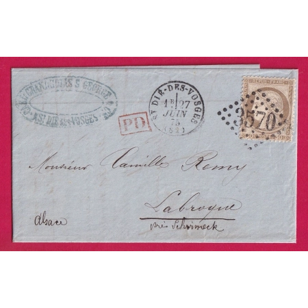 N°56 GC 3570 ST DIE DES VOSGES POUR LA BROQUE SCHIRMECK BAS RHIN ALSACE LORRAINE ALLEMAGNE 1875