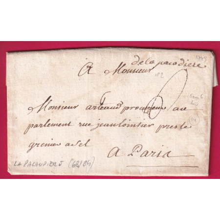 MARQUE MANUSCRIT LA PACAUDIERE RHONE LOIRE 1749 LENAIN N°2 INDICE 14 POUR PARIS LETTRE