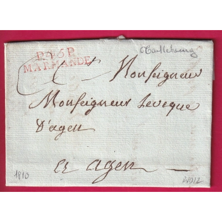 MARQUE P45P MARMANDE LOT ET GAONNE EN ROUGE TEXTE DE TAILLEBOURG 1810 POUR AGEN INDICE 12 LETTRE