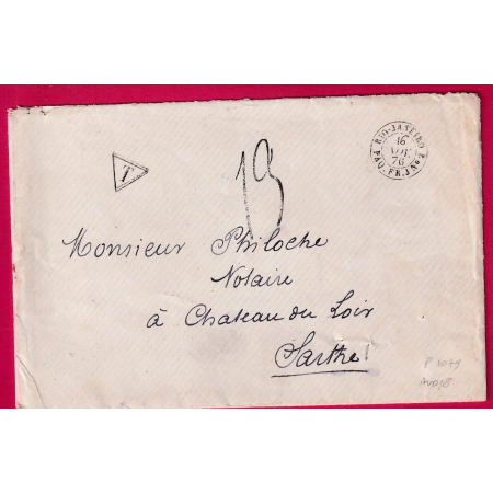 CAD RIO DE JANEIRO BRESIL PAQ FR J N°2 TAXE 13 1876 CHATEAU DU LOIR SARTHE PAQUEBOT CONVOYEUR STATION BRIVE CORREZE
