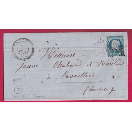 N°14 PC 3972 TRANS VAR CAD TYPE 22 POUR CAVAILLON VAUCLUSE INDICE 13 LETTRE COVER