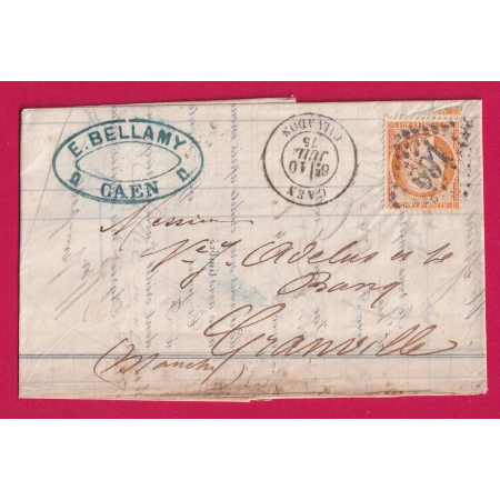 N°38 GC 691 CAD TYPE 18 CAEN CALVADOS POUR GRANVILLE MANCHE 1875 LETTRE