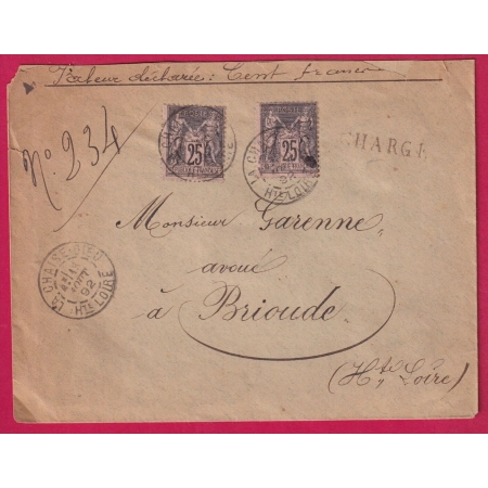 N°92 X2 LA CHAISE DIEU HAUTE LOIRE LETTRE CHARGEE 1892 POUR BRIOUDE LETTRE