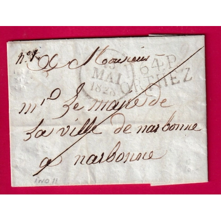 MARQUE P64P ORTHEZ BASSES PYRENEES 1828 POUR NARBONNE INDICE 11 LETTRE