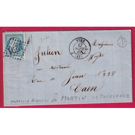N°22 GC 4291 VIRE CALVADOS BOITE RURALE N MARTILLY MARTIN DE TALLEVENDE POUR CAEN 1867 LETTRE COVER
