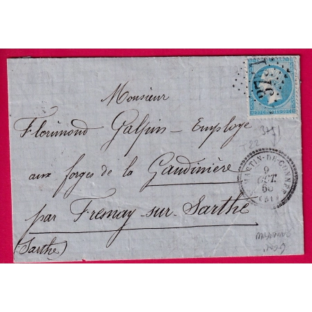 N°22 GC 3751 ST MARTIN DE CONNERE MAYENNE CAD TYPE 22 POUR FRESNAY SUR SARTHE BUREAU PASSE 2188 LE MANS LETTRE COVER