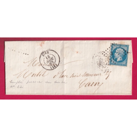 N°22 PC 3652 VIRE CALVADOS 22 PRECOCE DU 16 NOVEMBRE 1862 POUR CAEN LETTRE COVER