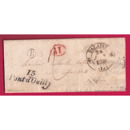 CURSIVE 13 PONT D'OUILLY CALVADOS BOITE RURALE B BONNOEIL DECIME RURAL LETTRE REUTILISE DE CAEN 1838 LETTRE