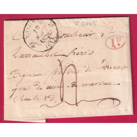 CAD TYPE 12 BAYONNE BASSES PYRENEES BOITE RURALE ROUGE ST ESPRIT POUR MONT DE MARSAN LANDES 1838 DECIME RURAL LETTRE