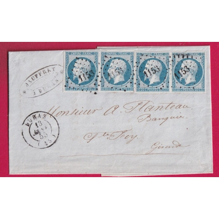 N°14 BANDE DE 4 BLEU LAITEUX TTB PC 1153 DURAS LOT ET GARONNE POUR STE FOY LA GRANDE GIRONDE LETTRE