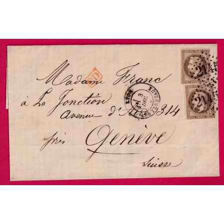 N°30 PAIRE GC 2145 LYON LES TERREAUX POUR GENEVE SUISSE DOUBLE PORT 3 DECEMBRE 1870 LETTRE