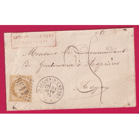 N°55 GC 2256 ST JULIEN D'EMPARE AVEYRON TAXE 25C AFFRANC INSUF POUR ASPRIERES GENDARMERIE LETTRE