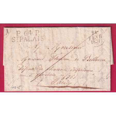MARQUE P64P ST PALAIS BASSES PYRENEES 1831 POUR PARIS INDICE 15 LETTRE