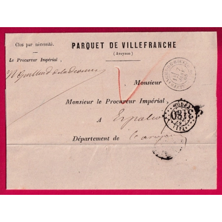 CAD T15 RODEZ AVEYRON ANNULE PAR GC 3180 PUIS POSTEE A VILLEFRANCHE DE ROUERGUE POUR ESPALION MARQUE CENSURE VU 1869