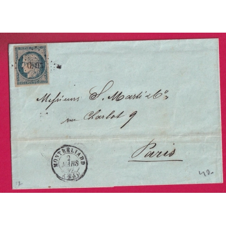 N°4 PC 2069 MONTBELIARD DOUBS 1852 POUR PARIS LETTRE