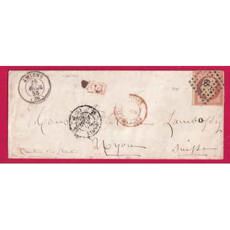 N°16 PC 65 AMIENS SOMME CACHET TRANSIT PARIS + CACHET ENTREE SUISSE LES ROUSSE JURA POUR NYON LETTRE
