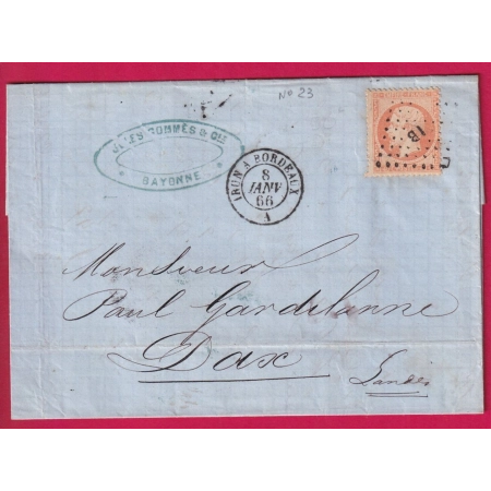 N°23 AMBULANT IRUN A BORDEAUX LETTRE DE BAYONNE BASSES PYRENEES POUR DAX LANDES LETTRE