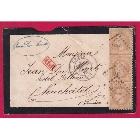 N°28 X 3 GC 822 CETTE HERAULT OUR NEUFCHATEL SUISSE JUILLET 1870 LETTRE