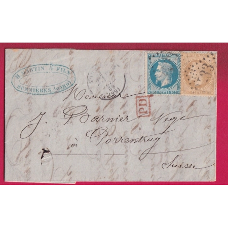 N°28 29 GC 3433 SOMMIERES GARD POUR PORRENTRUY SUISSE 1869 LETTRE