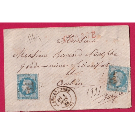 N°29 X2 GC 732 CARCASSONNE AUDE DEVANT DE LETTRE CHARGEE POUR AUBIN AVEYRON LETTRE