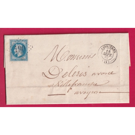 N°29 GC 190 ASPRIERES AVEYRON POUR VILLEFRANCHE DE ROUERGUE 1867 LETTRE