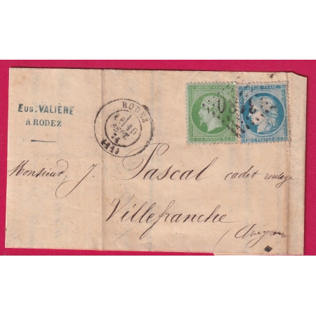 N°20 37 GC 3180 RODEZ AVEYRON 10 SEPTEMBRE 1871 POUR VILLEFRANCHE LETTRE
