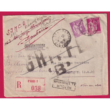 PNEUMATIQUE RECOMMANDE PARIS 1937 PNEUMATIQUE REFUSE A CAUSE DE L'ADRESSE GRIFFE B LETTRE
