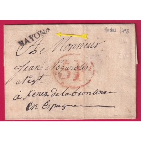LETTRE DE BIDOS BASSES PYRENEES 1798 MARQUE ENTREE ESPAGNE BAYONA BAYONNE POUR JERES DE LA FRONTERA LETTRE