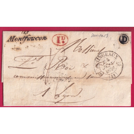 CURSIVE 41 MONTFAUCON HAUTE LOIRE BOITE RURALE D DUNIERES CAD TYPE 12 ISSENGEAUX POUR LYON 1836 LETTRE COVER