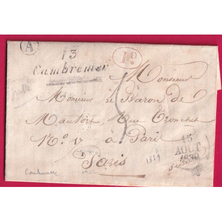 CURSIVE GRATTEE 13 CAMBREMER CALVADOS 1830 BOITE RURALE DECIME RURAL POUR PARIS LETTRE