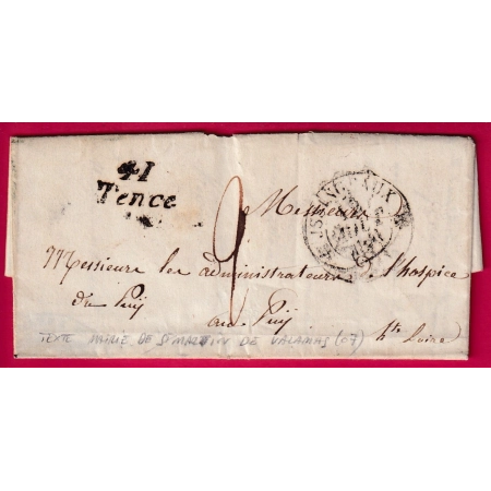 CURSIVE 41 TENCE HAUTE LOIRE TEXTE DE ST MARTIN DE VALAMAS ARDECHE CACHET MAIRIE 1841 LETTRE