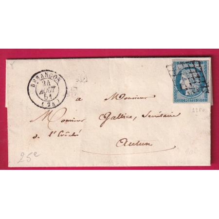 N°4 GRILLE BESANCON DOUBS POUR AUTUN SAONE ET LOIRE 1851 LETTRE