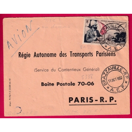 ENTIER GANDON TSC 15C BLEU 1952 RATP PARIS UTILISE EN REPONSE BRAZZAVILLE AEF 1952 LETTRE