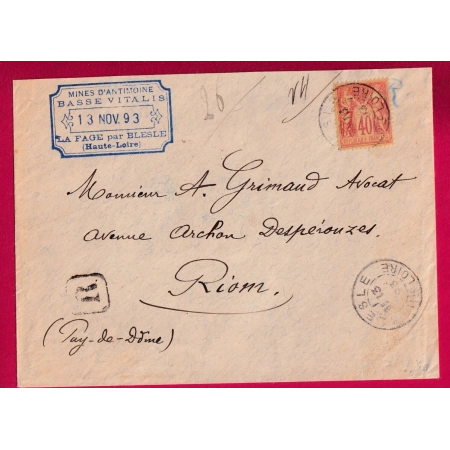 N°94 BLESLE HAUTE LOIRE LETTRE RECOMMANDEE DEPART LA FAGE POUR RIOM PUY DE DOME LETTRE