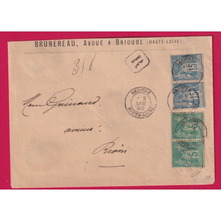 N° 75 PAIRE + 90 PAIRE BRIOUDE HAUTE LOIRE RECOMMANDE POUR RIOM PUY DE DOME LETTRE