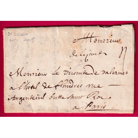 MARQUE MANUSCRIT DE LISIEUX CALVADOS LENAIN N°1 INDICE 19 POUR PARIS LETTRE