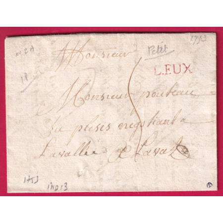 MARQUE L.EUX LISIEUX EN ROUGE CALVADOS 1753 LENAIN N°2A INDICE 13 POUR LAVAL MAYENNE POUR PARIS LETTRE