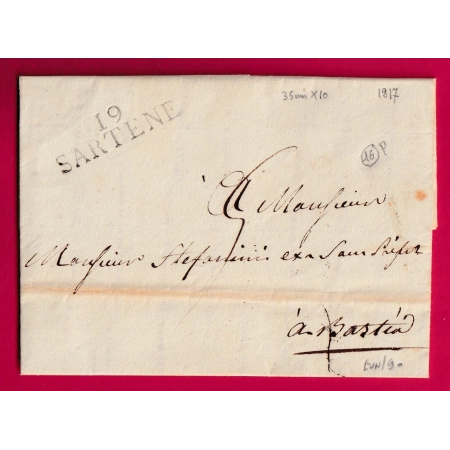 MARQUE 19 SARTENE CORSE 1817 POUR BASTIA INDICE 16 AU DOS CACHET ARRIVE SPECIAL A BASTIA LETTRE