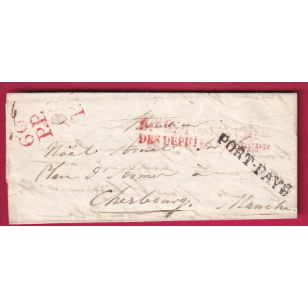 MARQUE BUREAU DE POSTES CHAMBRE DES DEPUTES DES DPTS 60 PP + PORT PAYE POUR CHERBOURG MANCHE 1832 LETTRE COVER