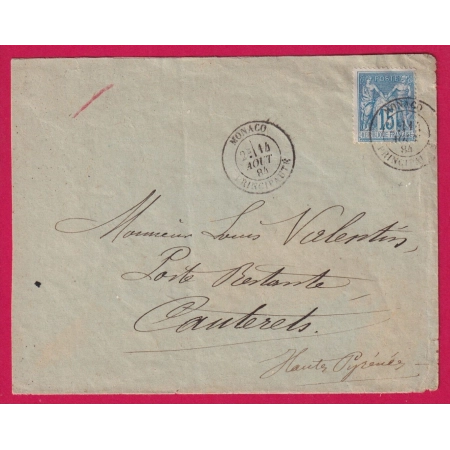N°90 CAD MONACO PRINCIPAUTE 1884 POUR CAUTERETS HAUTES PYRENEES  LETTRE