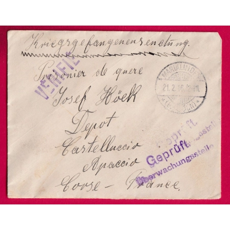 WW1 LETTRE PRISONNIER DE GUERRE MARIALINDEN ALLEMAGNE 1916 POUR  DEPOT DE PRISONNIER CASTELLUCCIA AJACCIO CORSE