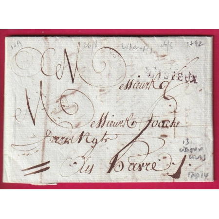 MARQUE 13 LISIEUX EN LILAS CALVADOS 1792 INDICE 14 POUR LE HAVRE SEINE INFERIEURE LETTRE