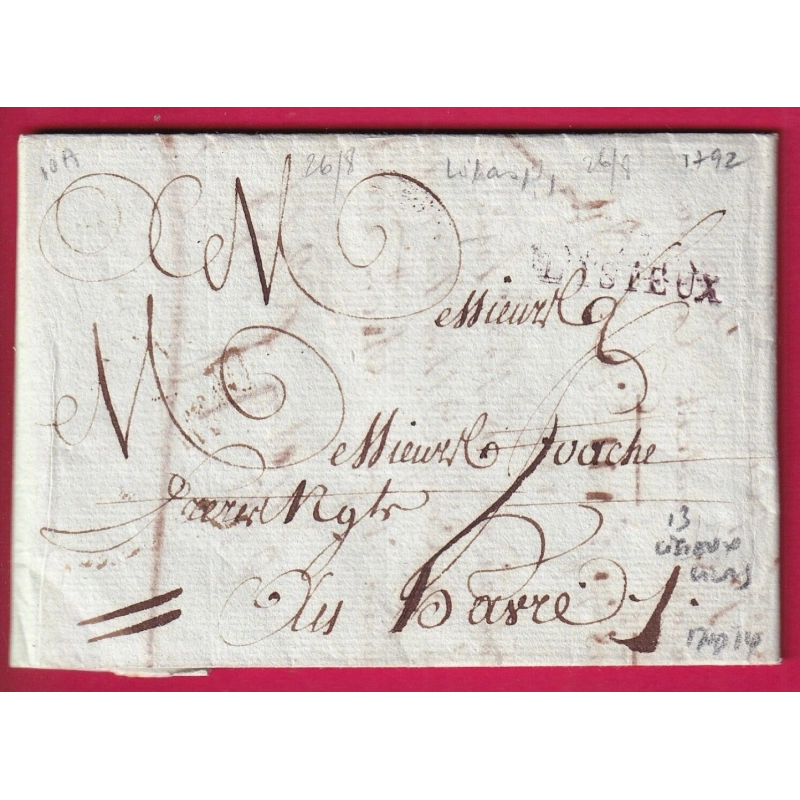 MARQUE 13 LISIEUX EN LILAS CALVADOS 1792 INDICE 14 POUR LE HAVRE SEINE INFERIEURE LETTRE